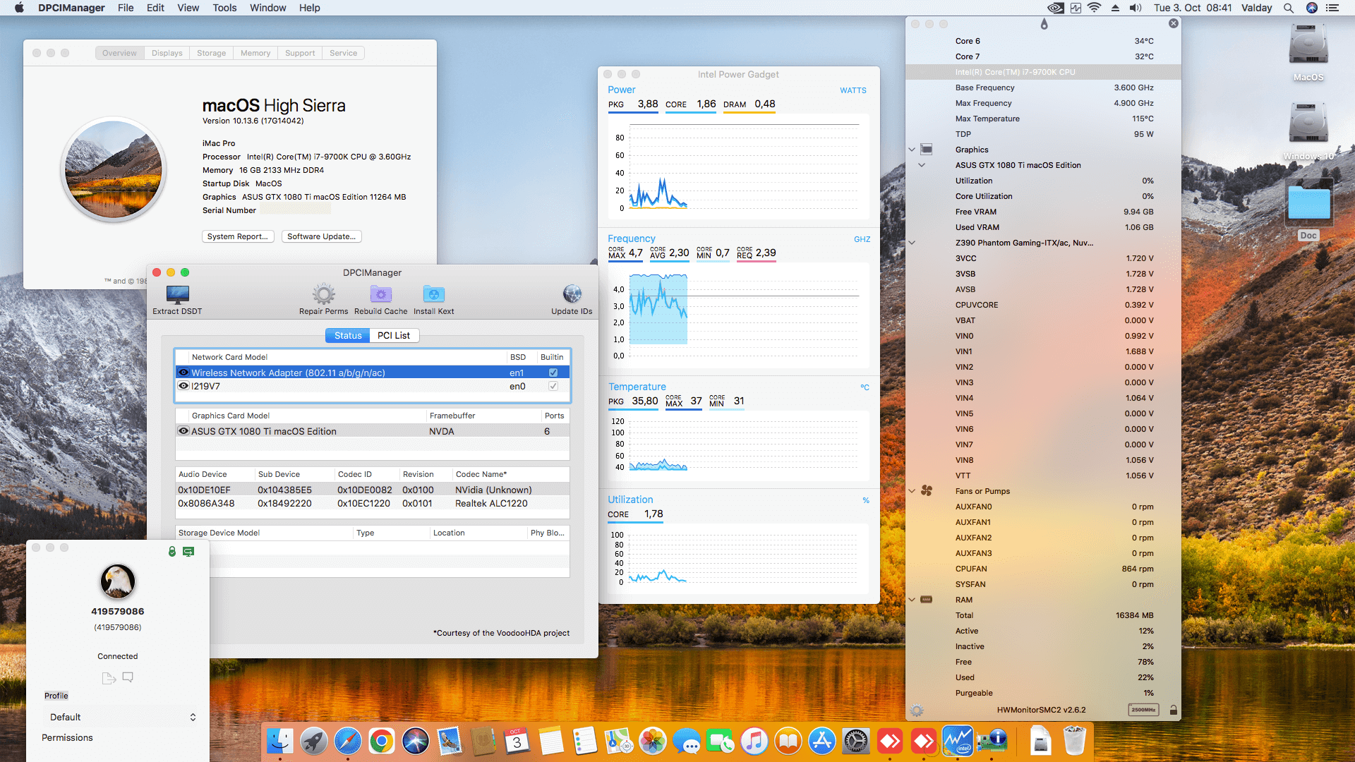 Success Hackintosh macOS High Sierra 10.13.6 Build 17G14042 in Asrock Z390 Phantom Gaming-ITX/AC + Intel Core i7 9700K + ASUS GTX 1080 Ti